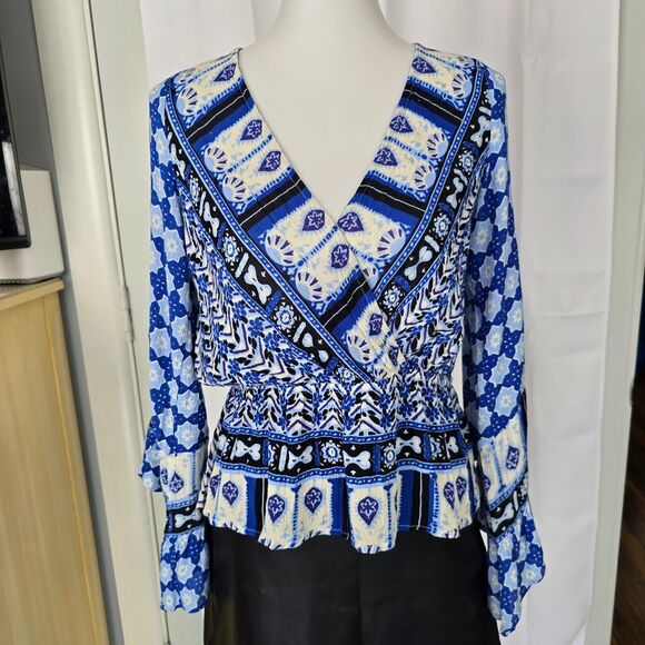 Free People Rosalie Wrap Blouse In Indigo Bell Sleeve V-Neck Blouse Size S - Picture 2 of 13